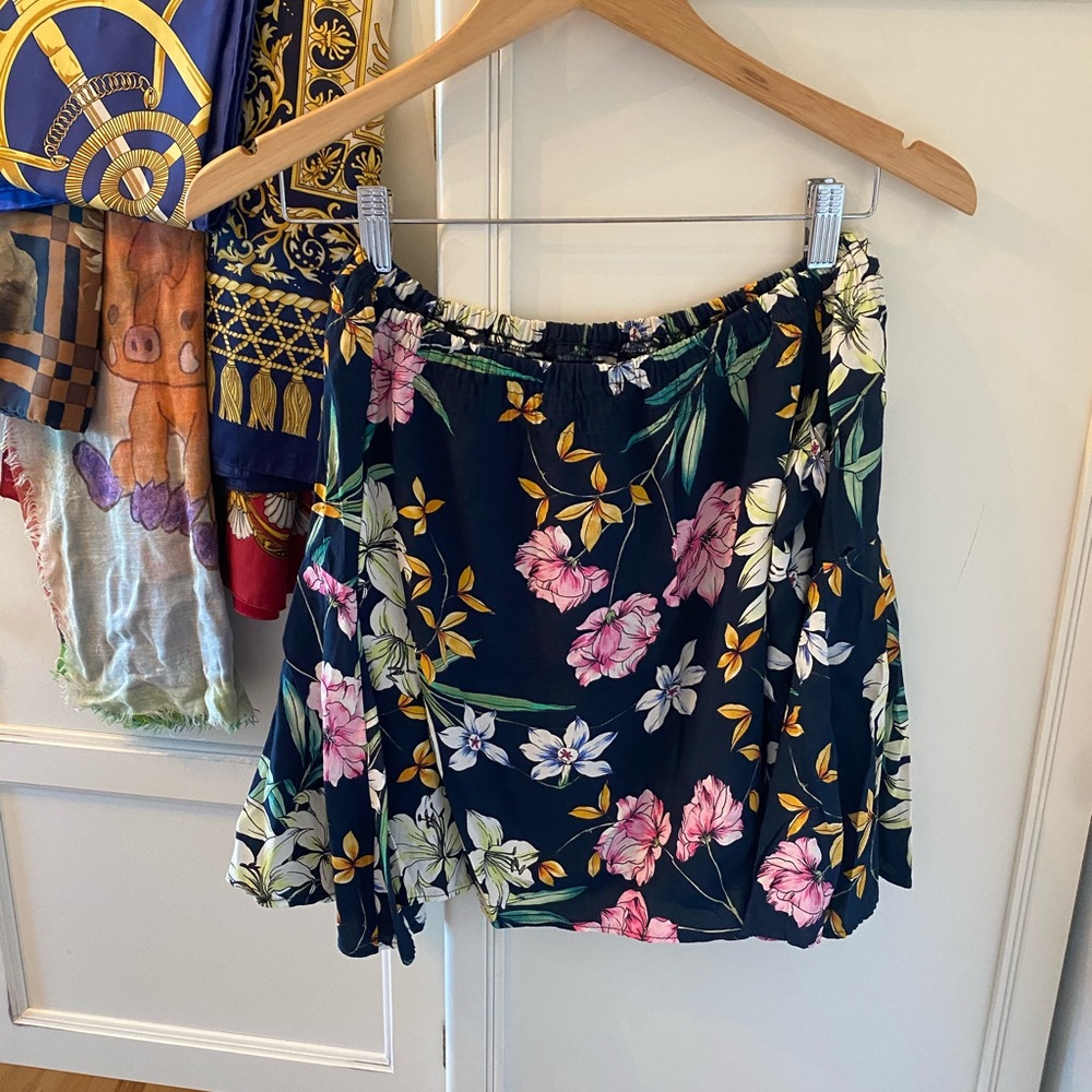 Bershka Navy Blue Floral Blouse Top